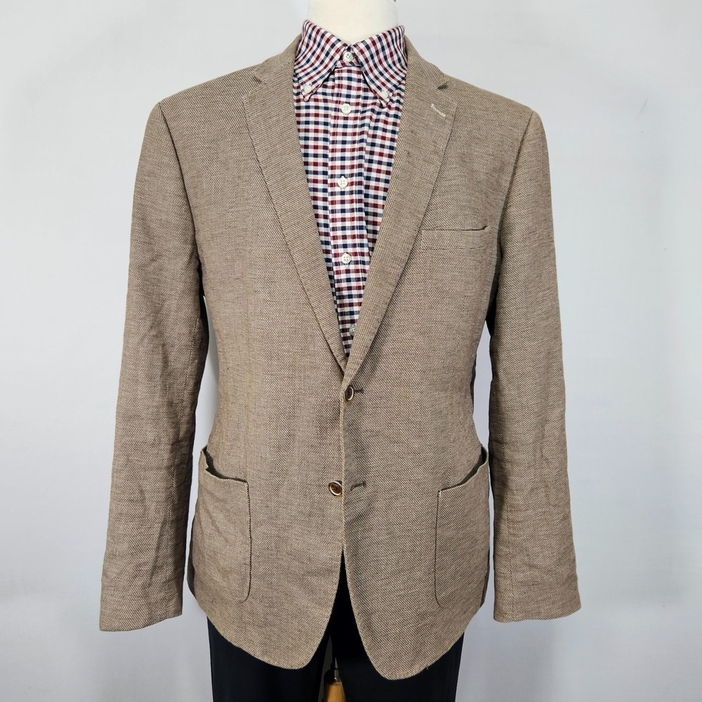 Anthony of London Men's Sport Coat Two Button Brown Hopsack Linen Blend 46L
